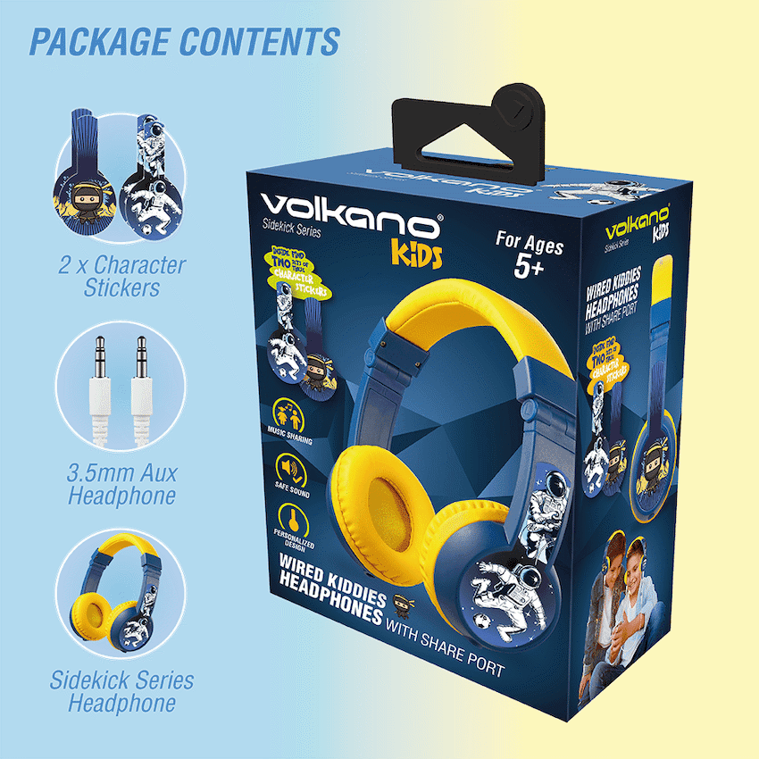 Volkano Sidekick Series Wired Kiddies Headphones with Share Port - Yellow/Blue 10
