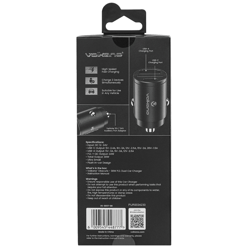 Volkano Obscurix Series 30w PD Dual USB-A and USB-C Ultra Small Car Charger 2