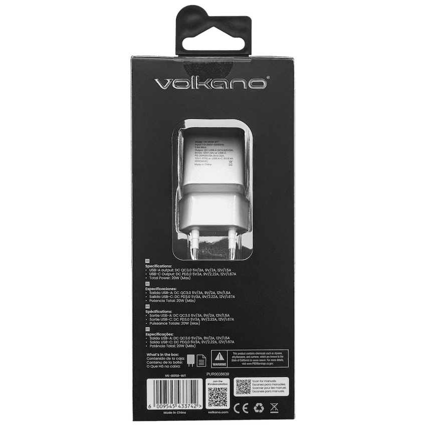 Volkano Dyna Duo 20w PD + QC 3.0 Wall Charger 3