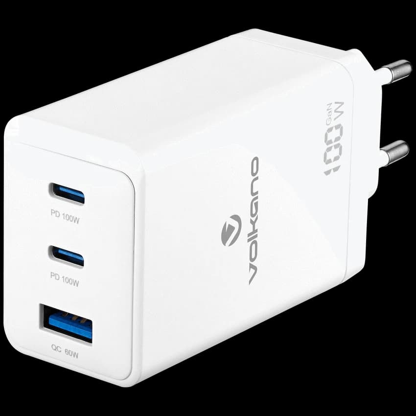 Volkano WattPro Series Triple Port 100W GanN Wall Charger - White 1