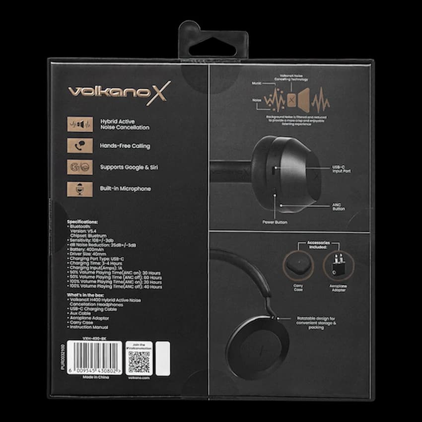 VolkanoX H400 Hybrid Active Noise Cancellation Headphones - Black 7