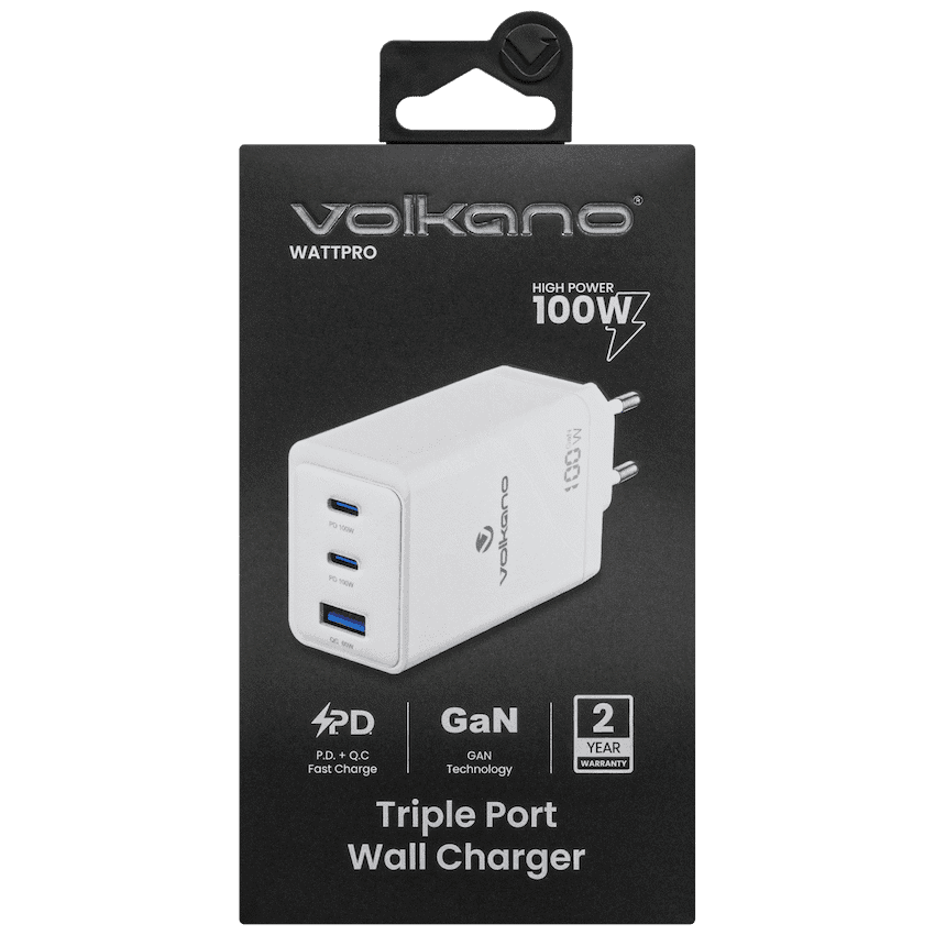 Volkano WattPro Series Triple Port 100W GanN Wall Charger - White 3