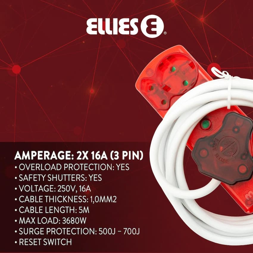 Ellies 4 Way High Surge Extension Lead - 3M 3