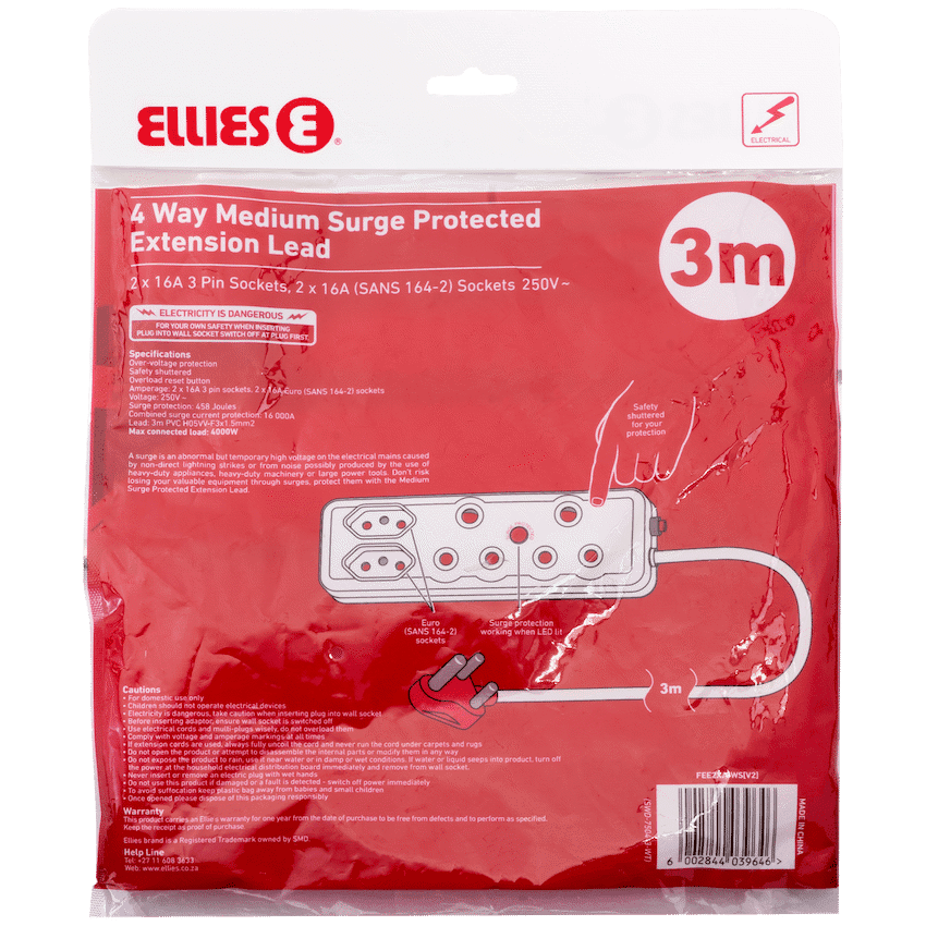 Ellies 4 Way Medium Surge Extension Lead -3M 6