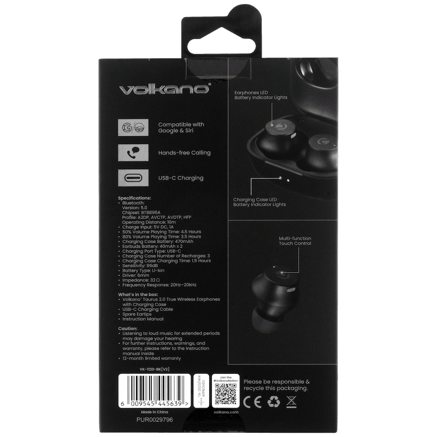 Volkano Taurus Series 2.0 True Wireless Earphones with Charging Case - Black 14