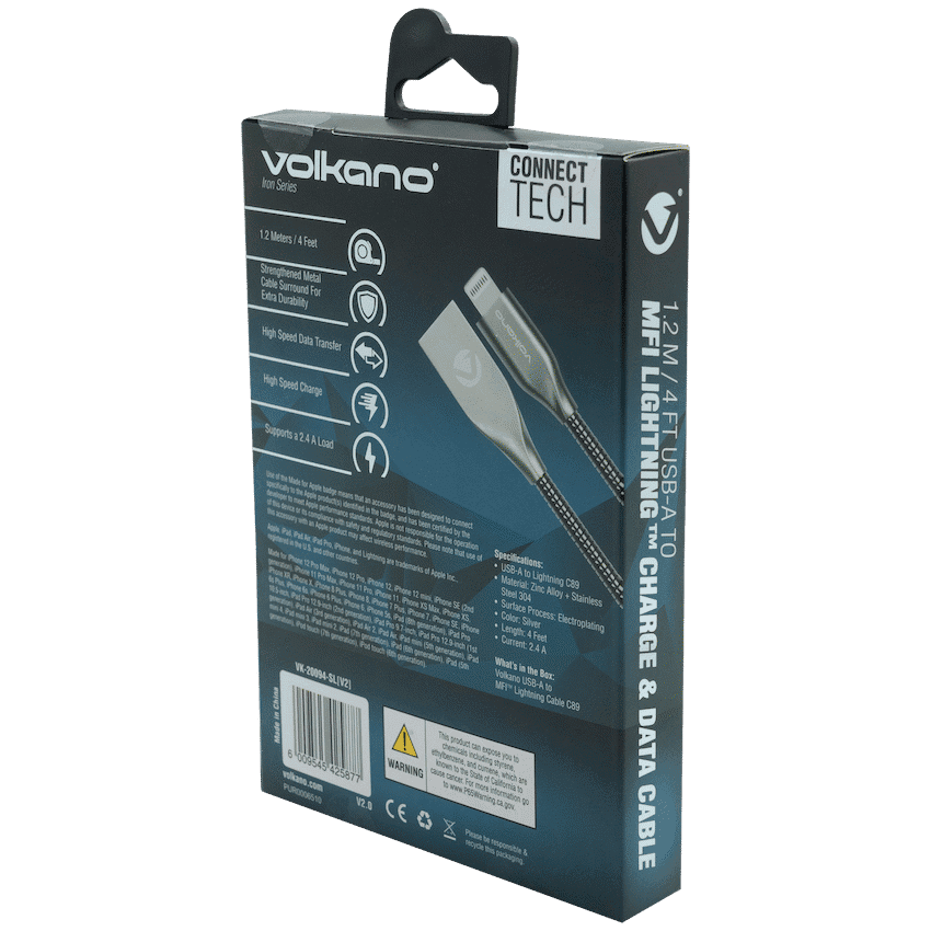 Volkano Iron Series Round Metallic Spring MFI Lightning Cable 1.2m - Silver 15