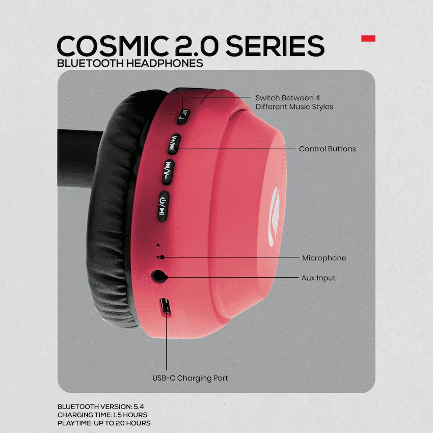 Volkano Cosmic 2 Series Bluetooth Headphones - Red 2