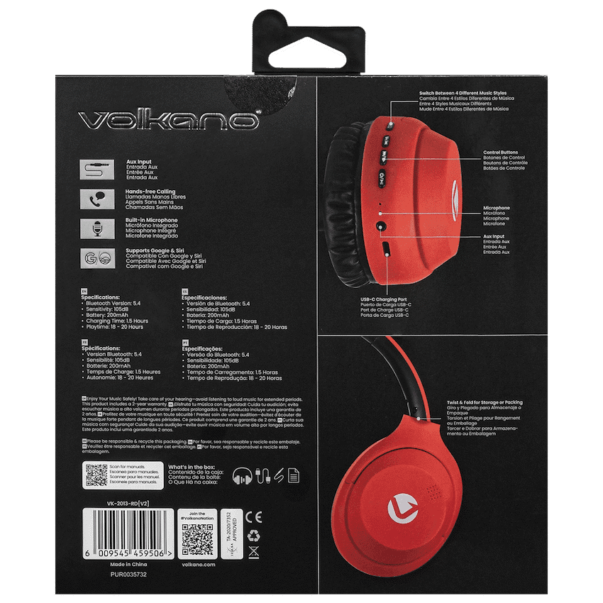 Volkano Cosmic 2 Series Bluetooth Headphones - Red 8