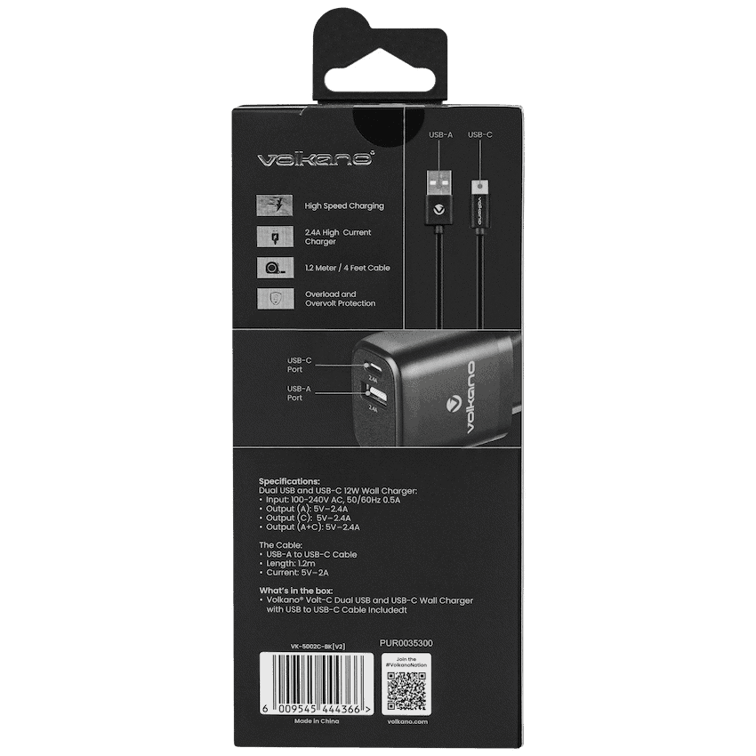 Volkano Volt-C Series Dual USB and USB-C Wall Charger with USB to USB-C Cable Included 4