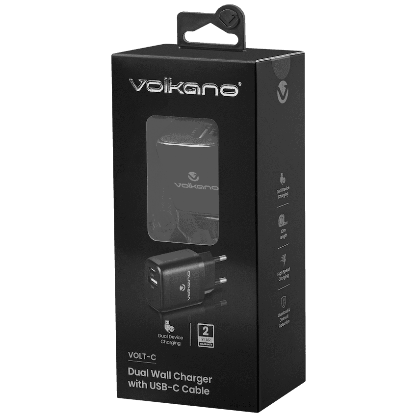 Volkano Volt-C Series Dual USB and USB-C Wall Charger with USB to USB-C Cable Included 5