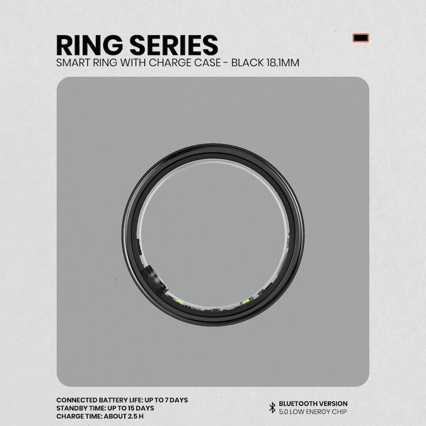 Volkano Ring Series Smart Ring with Charge Case - Black 18.1mm 5