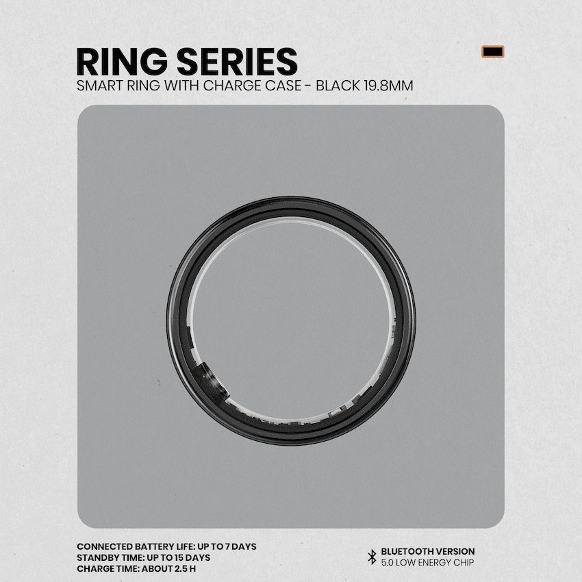 Volkano Ring Series Smart Ring with Charge Case - Black 19.8mm 4