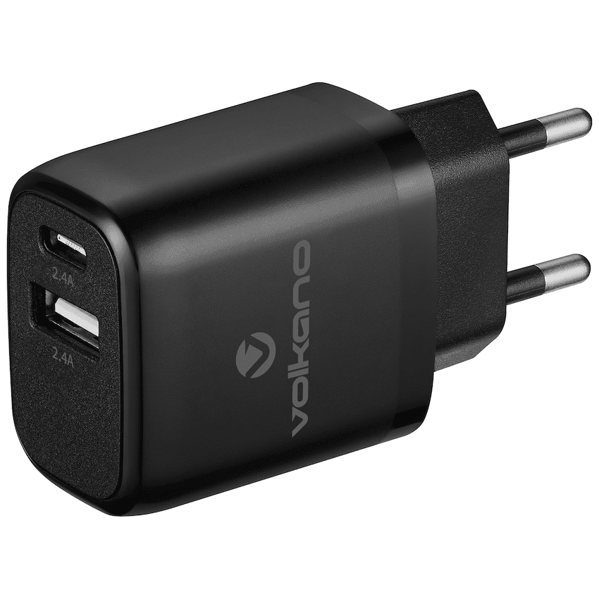 Volkano Cupla Series 5v/2.4a 12w Dual USB-A & USB-C Wall Charger - Black