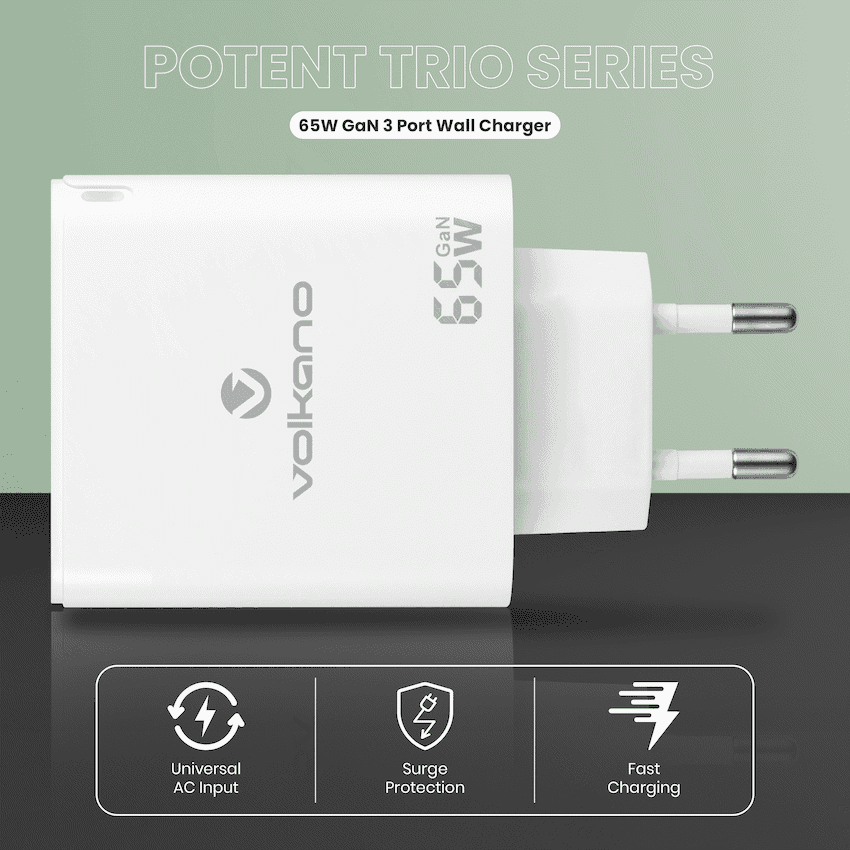 Volkano Potent Trio 65w GaN 3 Port Wall Charger 3
