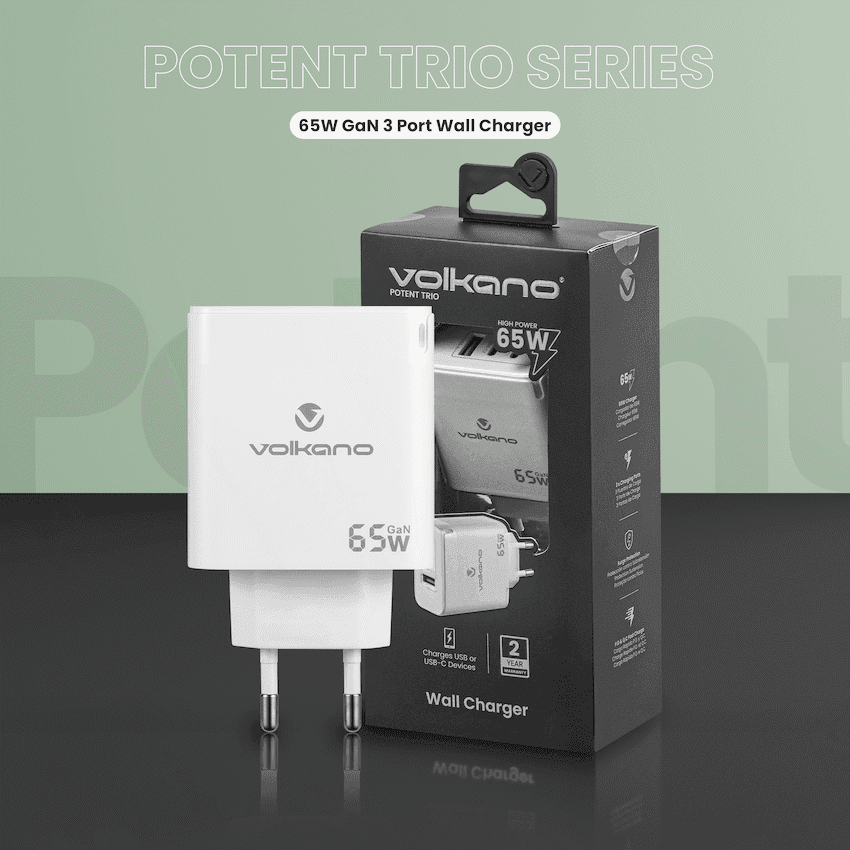 Volkano Potent Trio 65w GaN 3 Port Wall Charger 6