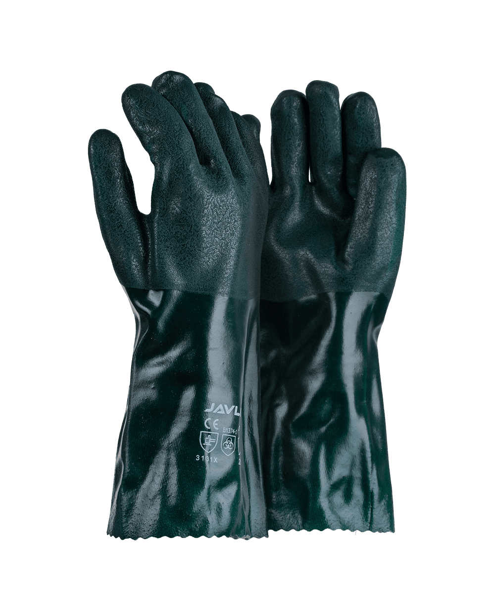 Green PVC Double Dipped Sandy Finish Gloves - 35cm - Bottle Green / As Supplied