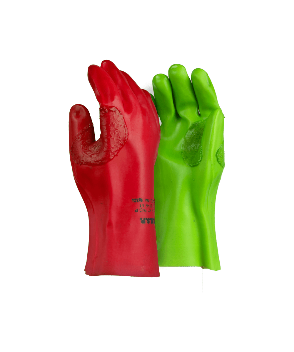 Red Left & Green Right PVC Reinforced Miner's Gloves - 27cm - Red & Green / As Supplied