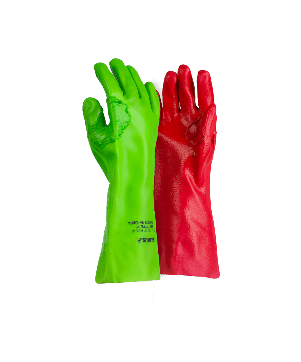 Red Left & Green Right PVC Reinforced Miner's Gloves - 35cm - Red & Green / As Supplied