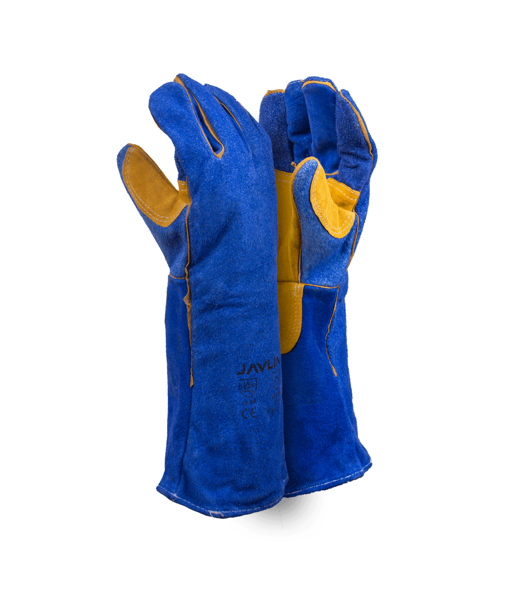 Premium Blue Leather Lined Welding Gloves With Yellow Palm Reinforcing - 20cm Cuff - Blue / As Supplied