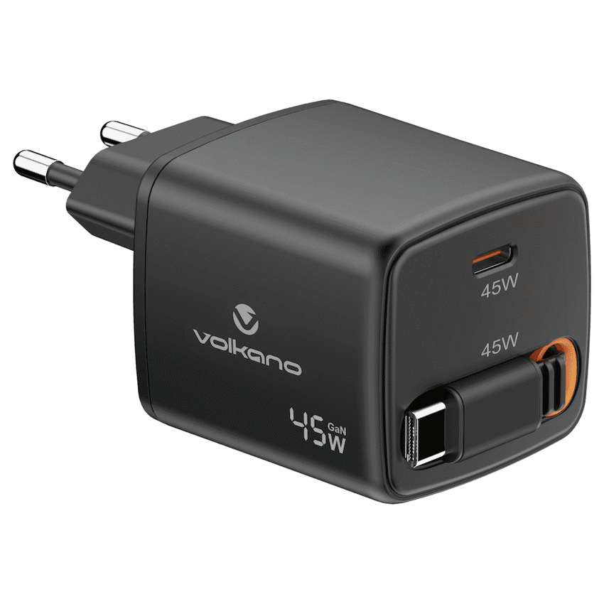 Volkano Sleek Series Fast Wall Charger 45W USB-C with Built-in Retractable 75cm Cable - Black 1