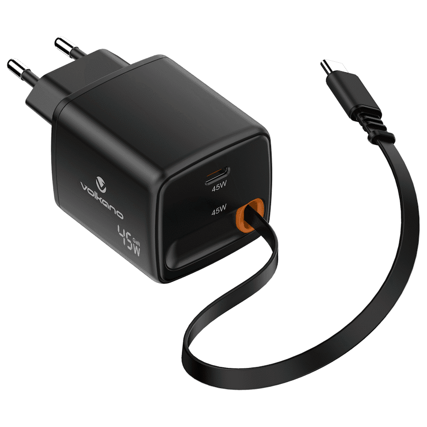 Volkano Sleek Series Fast Wall Charger 45W USB-C with Built-in Retractable 75cm Cable - Black 2