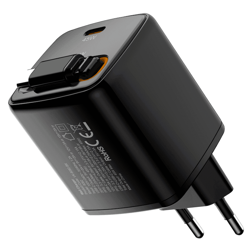 Volkano Sleek Series Fast Wall Charger 45W USB-C with Built-in Retractable 75cm Cable - Black 3