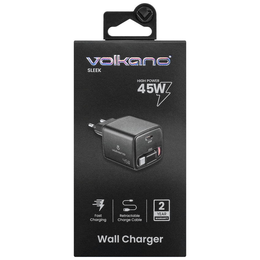 Volkano Sleek Series Fast Wall Charger 45W USB-C with Built-in Retractable 75cm Cable - Black 4