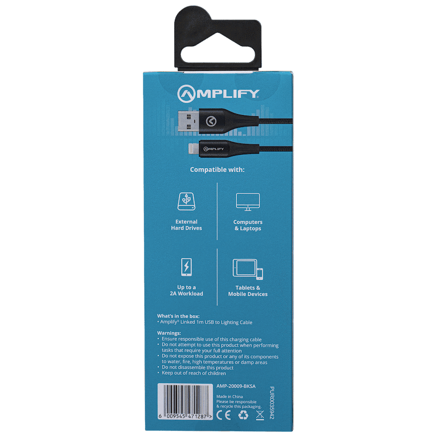 Amplify Linked Series USB to Lightning Braided Cable - Black 1m 5