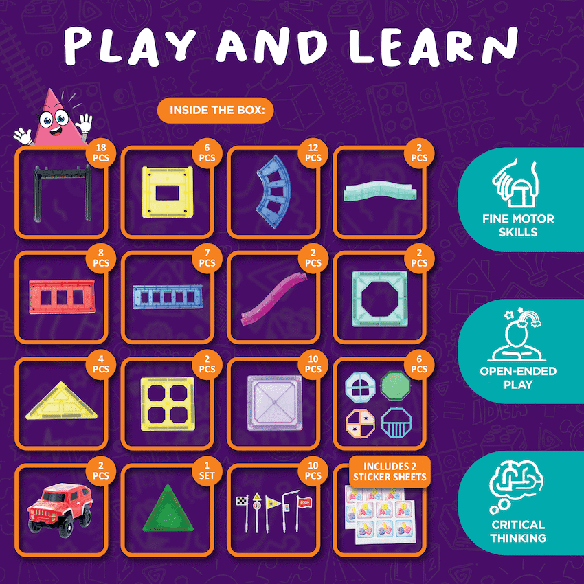 Edu-Matic Mini-Mag Magnetic Tile Tracks with 2 Cars and 93 Pieces 4