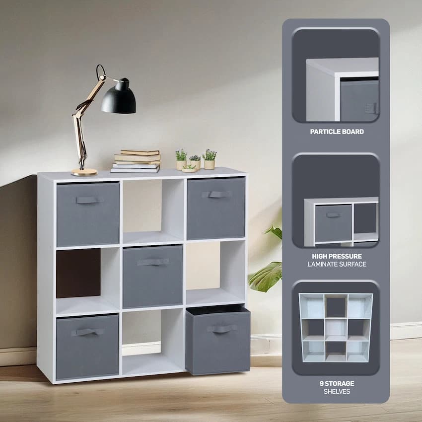 Everfurn Ninefold Bookshelf with 5 Storage Bins 3