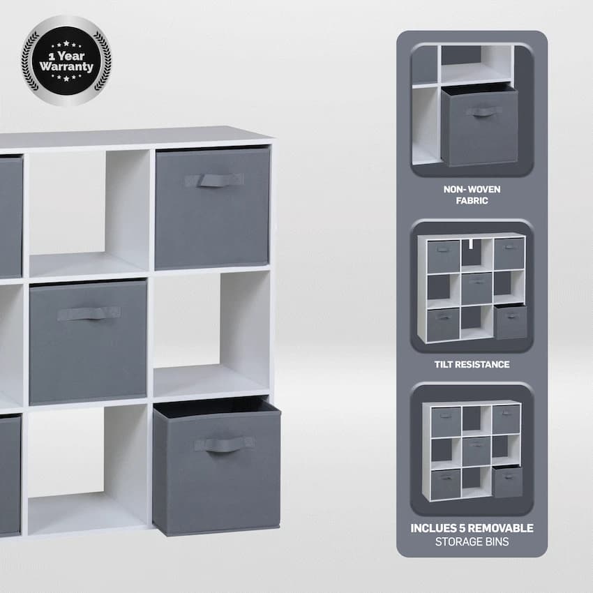 Everfurn Ninefold Bookshelf with 5 Storage Bins 5