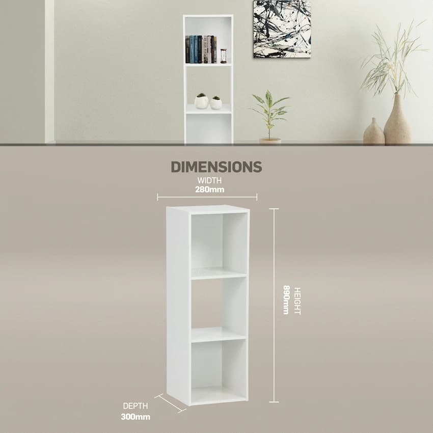 Everfurn Grayscale 3 Tier Bookshelf White, High Pressure Laminate 3