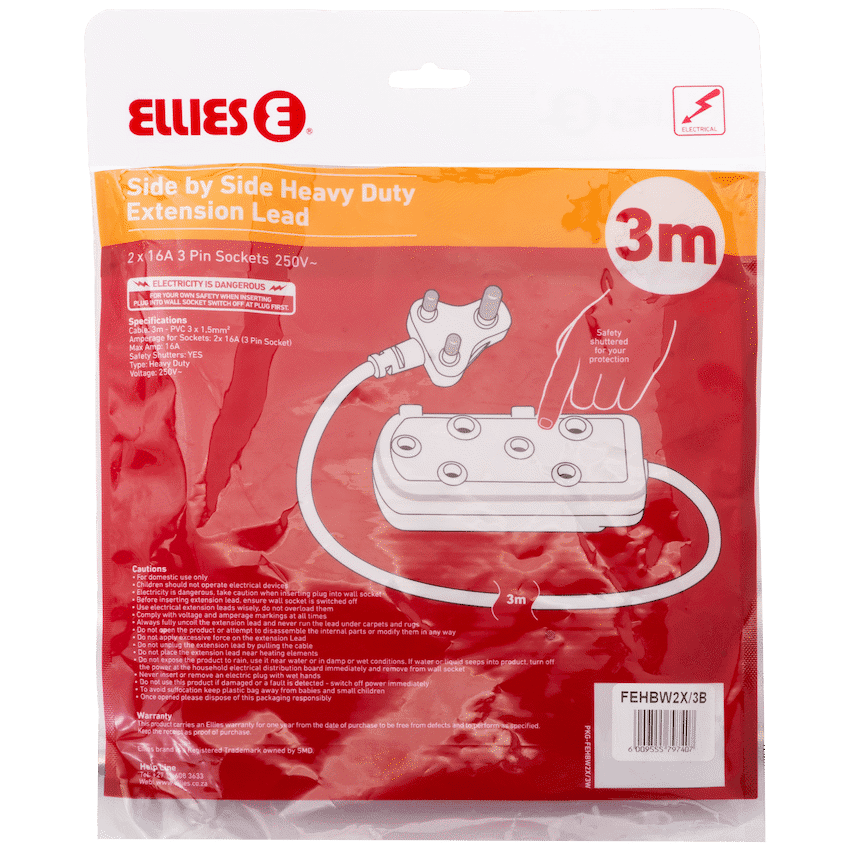 Ellies Side-by-Side Heavy-Duty Extension Lead - 3m - Black 4