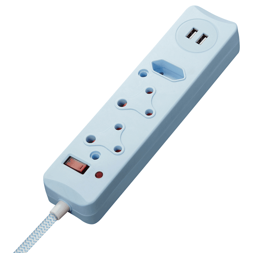 SWITCHED 3 Way Medium Surge Protected Multiplug with Dual 2.4A USB Ports 0.5M Braided Cord 2