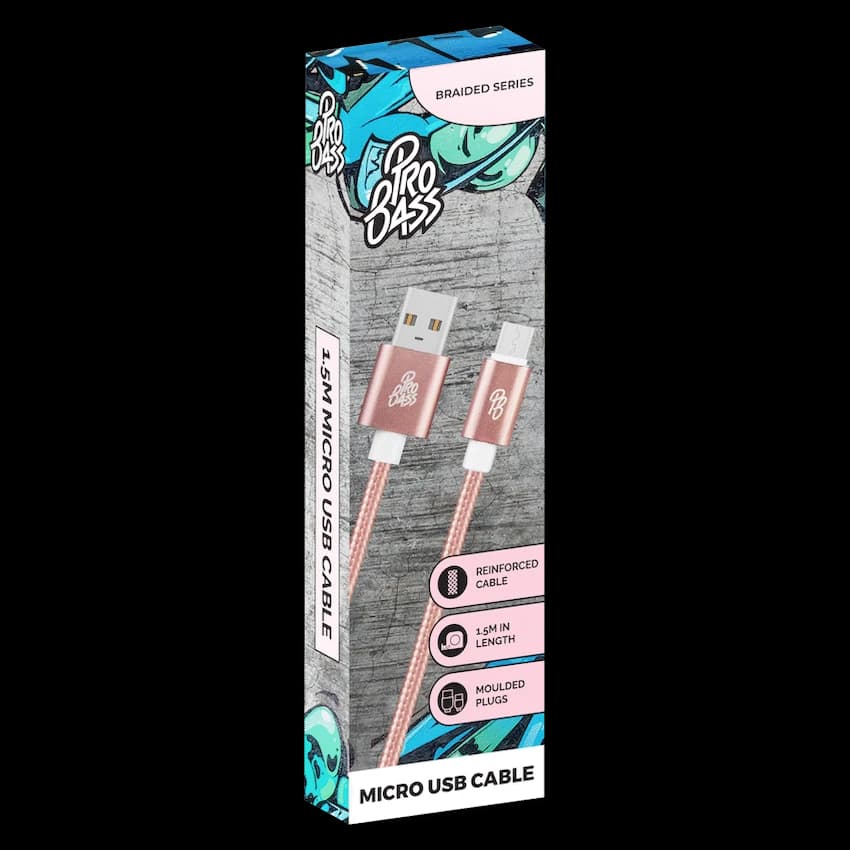 Pro Bass Braided Series Micro USB Cable - Pastel Pink 1.5m 2
