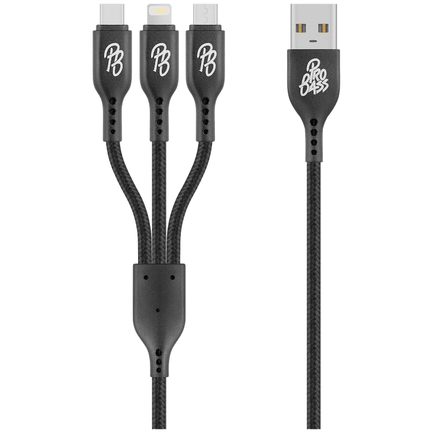 Pro Bass Braided 3-in-1 Charge Cable 1m - Black