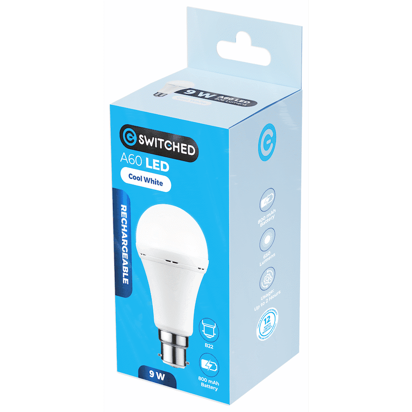 Switched 9w A60 Rechargeable LED Light Bulb - B22 - Cool White 5