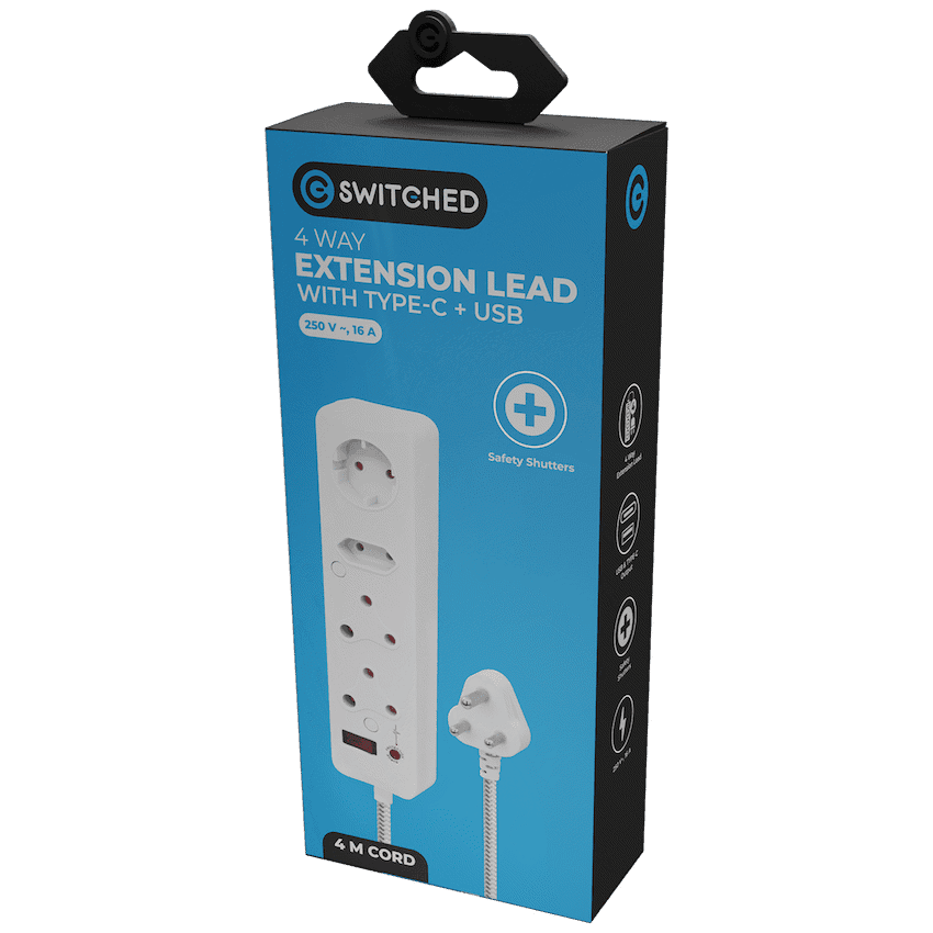 Switched 4-Way Extension Lead with 1x Type-C + 1x USB - 4m 5
