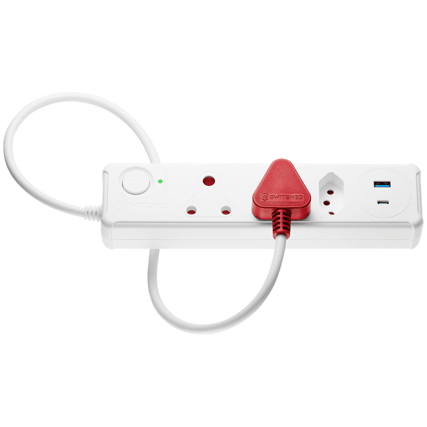 Switched 3-Way Medium Surge-Protected Multiplug with 1x Type-C + 3.4a USB Ports - 0.5m - White 3