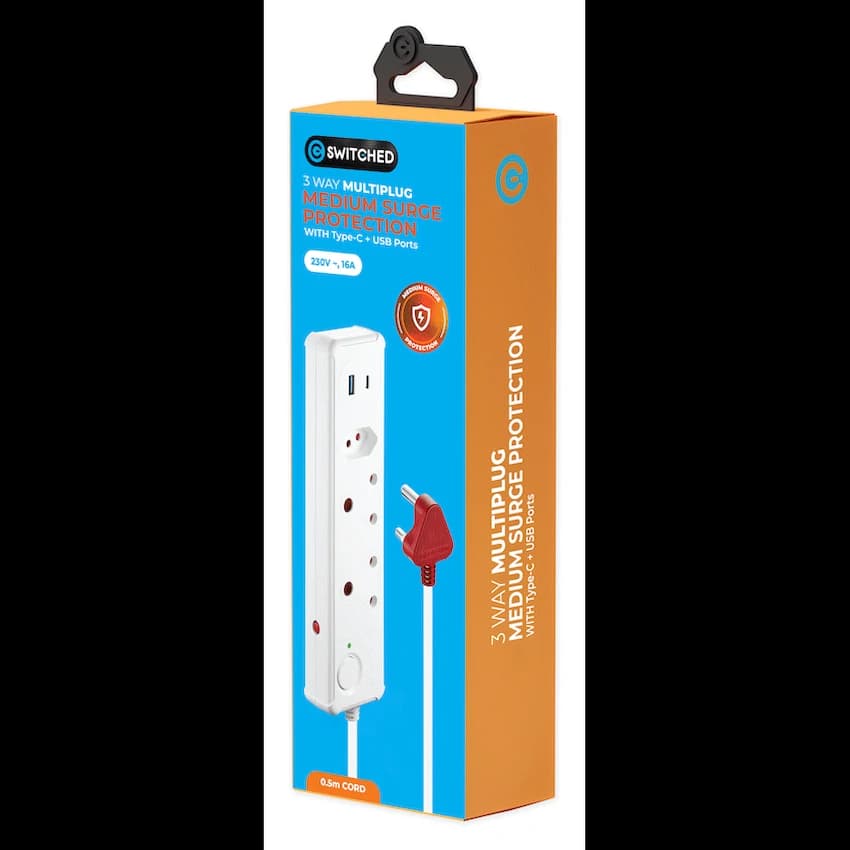 Switched 3-Way Medium Surge-Protected Multiplug with 1x Type-C + 3.4a USB Ports - 0.5m - White 5