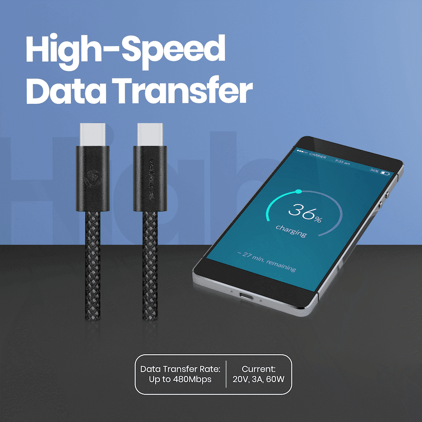 Volkano Weave Series 60w USB C to USB C 1.2m-Black 6