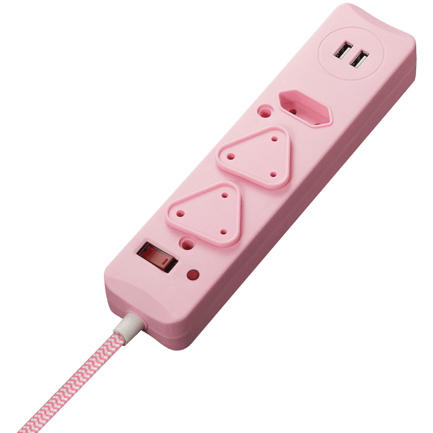 Switched 3-Way Surge-Protected Multiplug with Dual 2.4a USB Ports 3m Braided Cord 2
