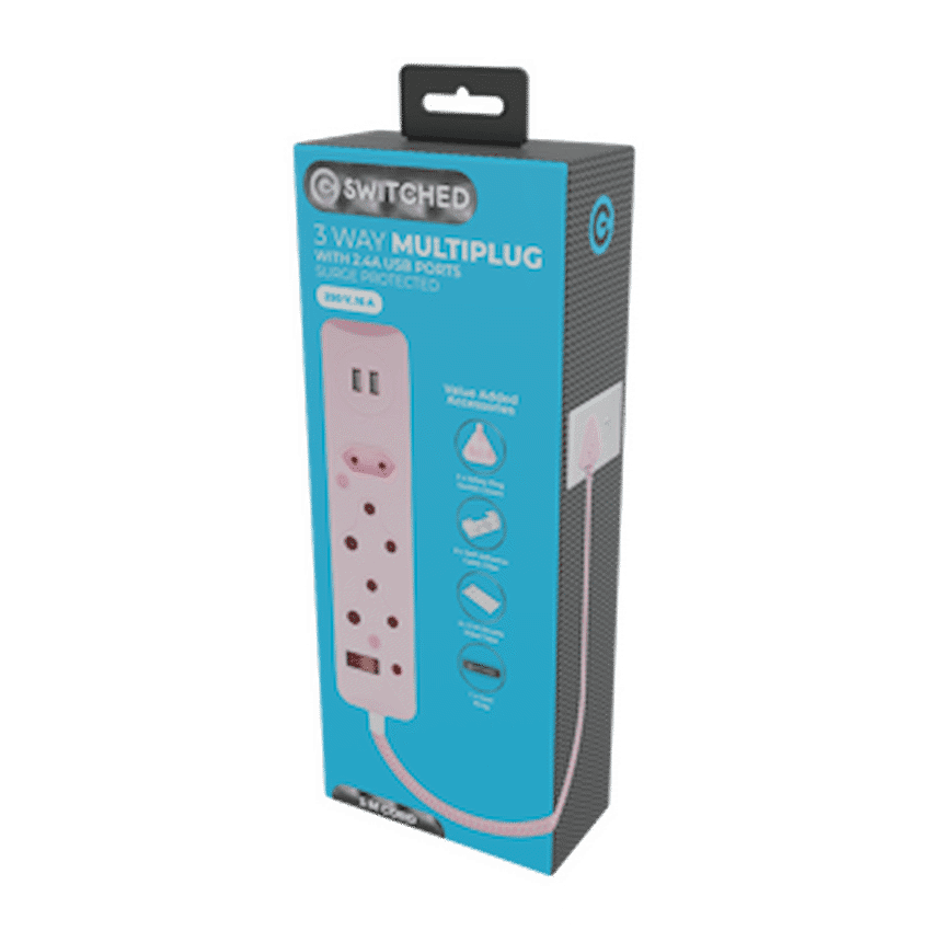 Switched 3-Way Surge-Protected Multiplug with Dual 2.4a USB Ports 3m Braided Cord 3