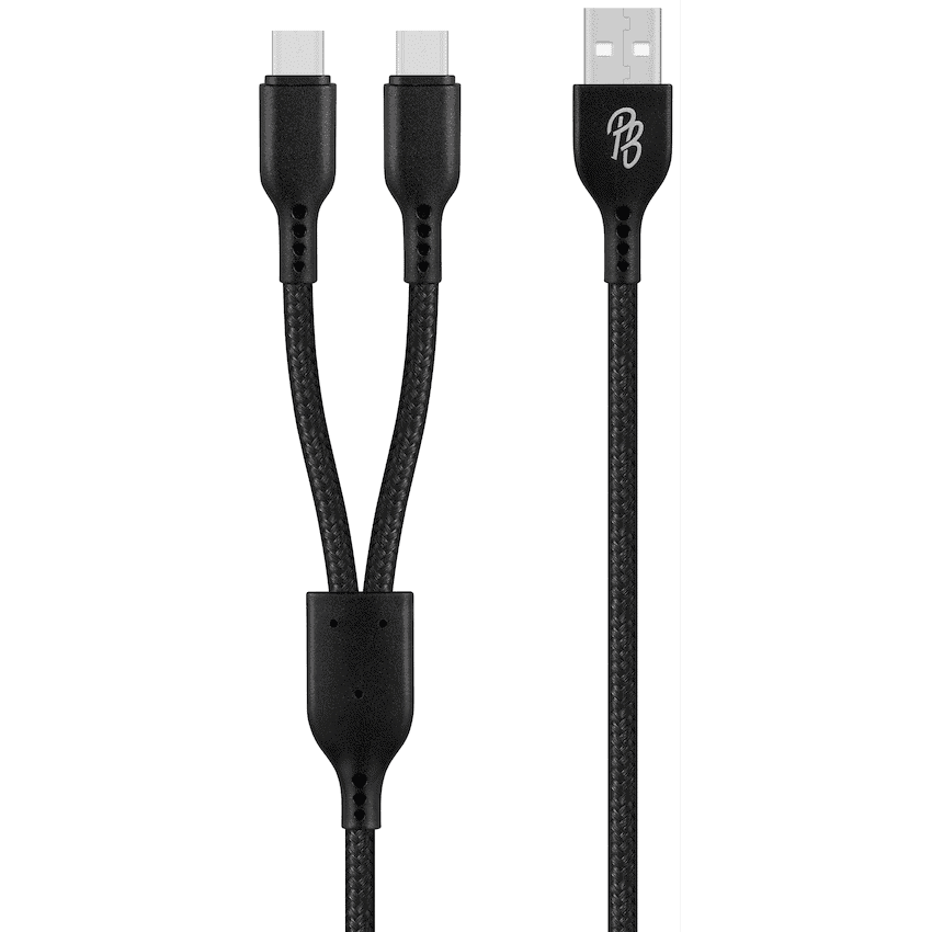 Pro Bass Cord Series 1.2m 15w USB-A to 2x USB-C Braided - Black 2