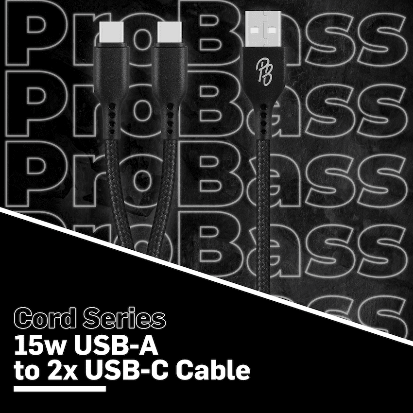 Pro Bass Cord Series 1.2m 15w USB-A to 2x USB-C Braided - Black 3