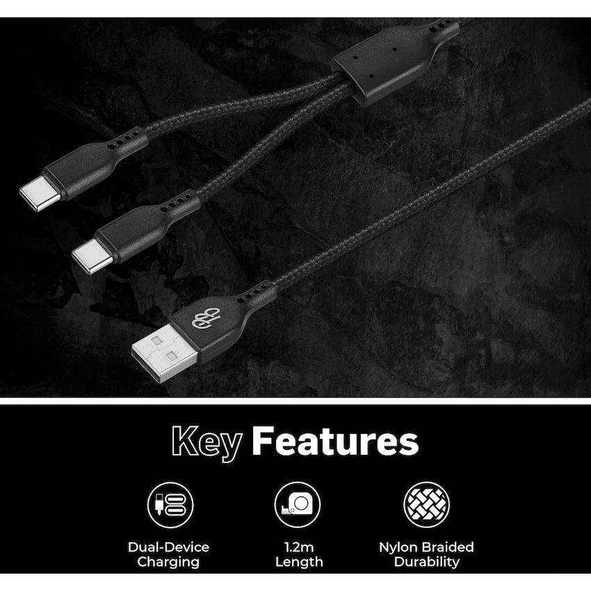 Pro Bass Cord Series 1.2m 15w USB-A to 2x USB-C Braided - Black 4