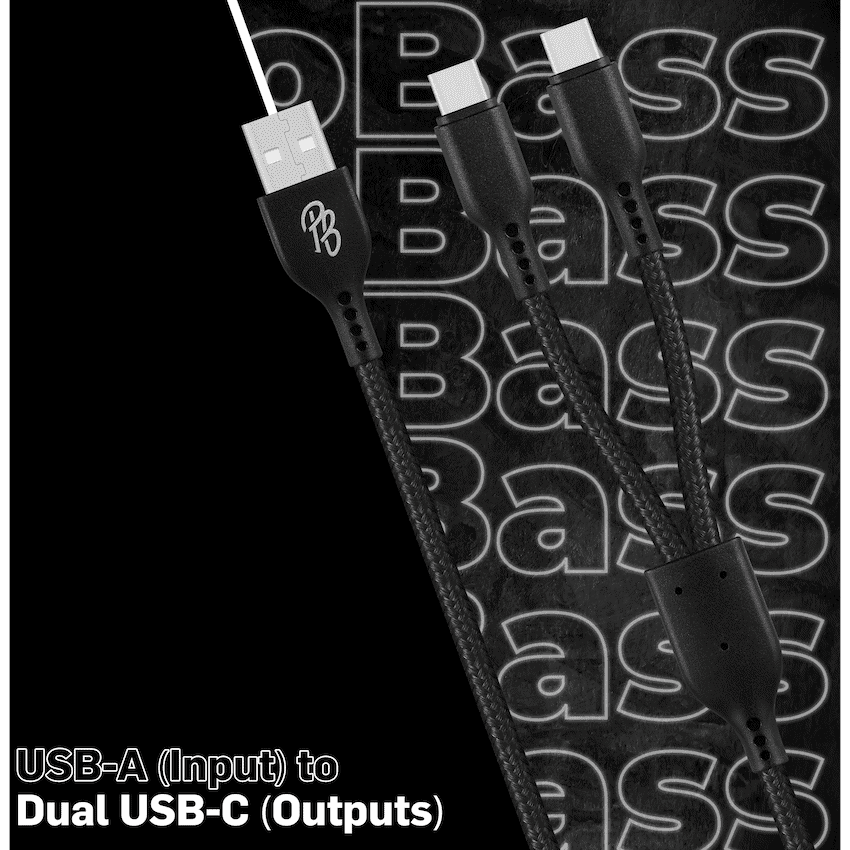 Pro Bass Cord Series 1.2m 15w USB-A to 2x USB-C Braided - Black 5