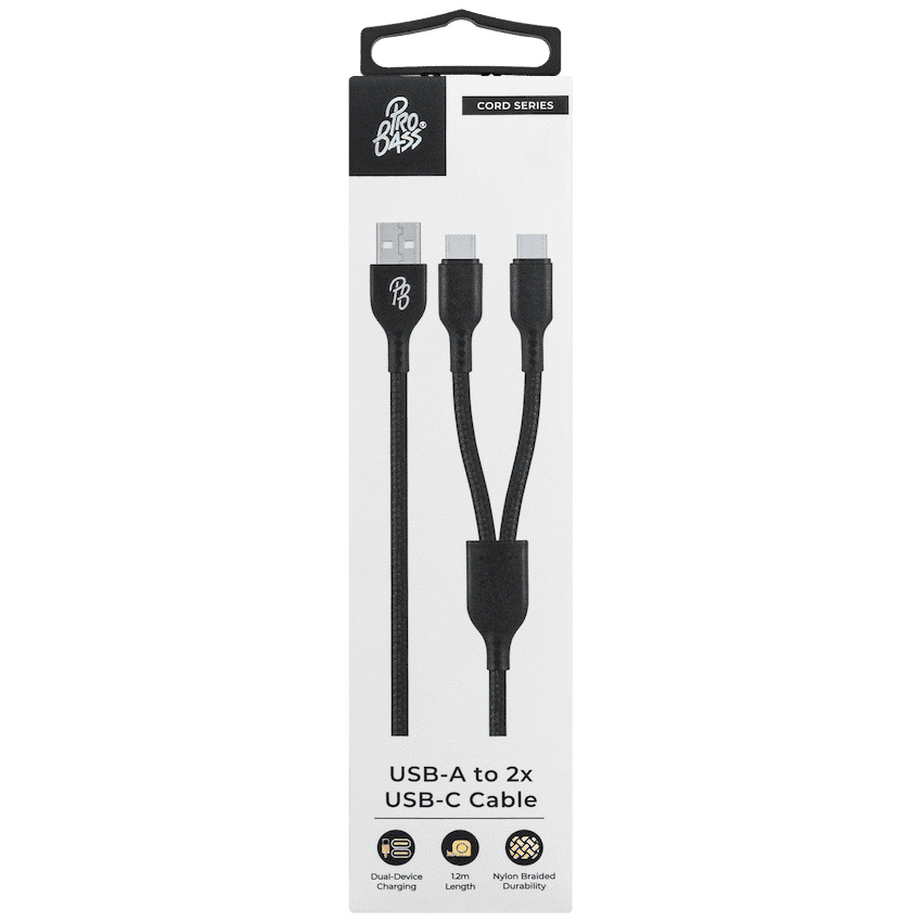 Pro Bass Cord Series 1.2m 15w USB-A to 2x USB-C Braided - Black 8