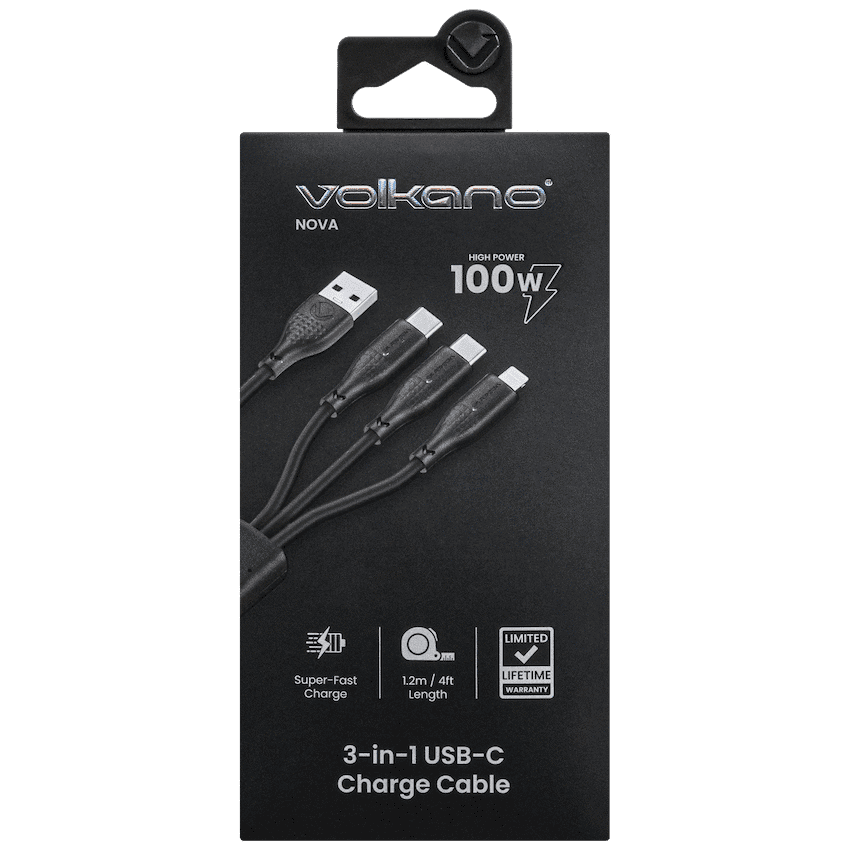 Volkao Nova Series USB A to 2 USb C and lightning cable 100W 1.2m TPE-Black 3