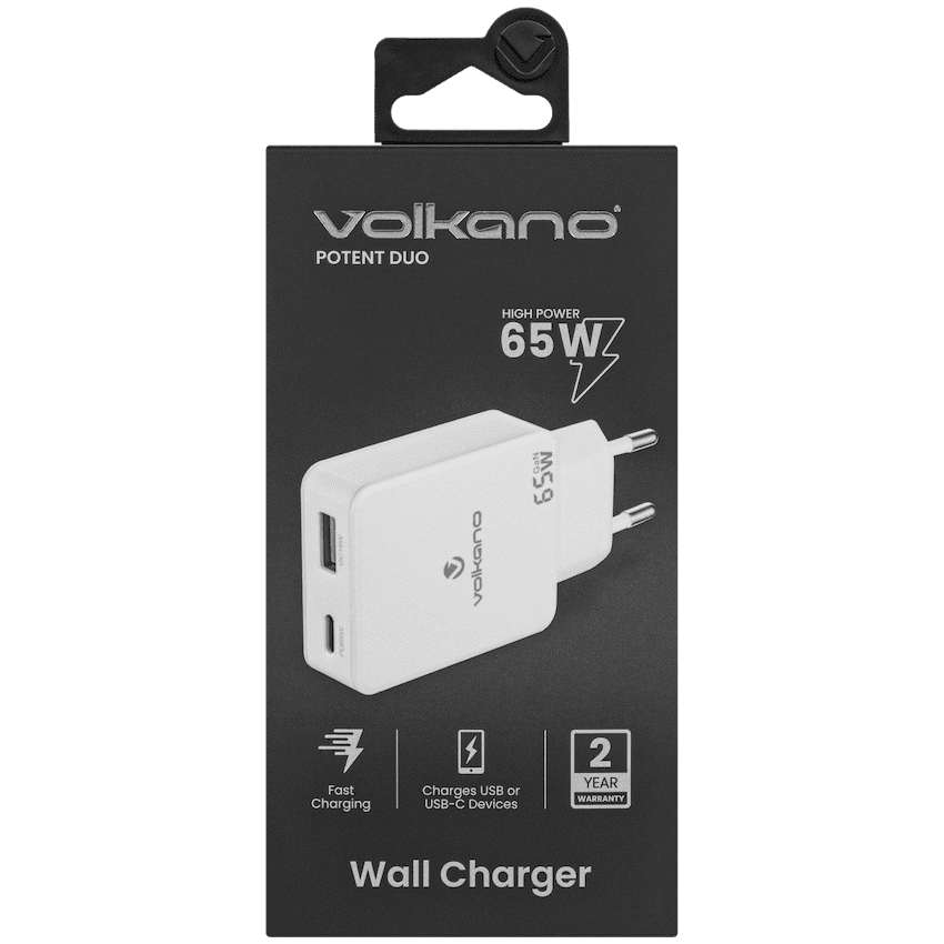 Volkano Potent Duo series 65W Dual USB and USB-C PD Compact Wall Charger 3